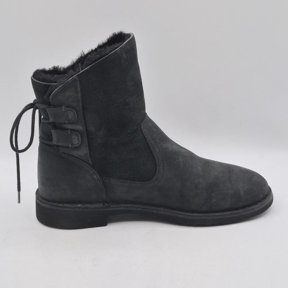 UGG Boots Womens Size‎ 8.5 Black Suede Shearling Lined Tie Back Ankle 1019164